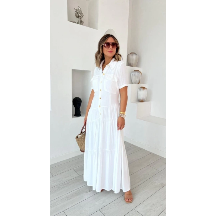 Kadın Dokuma Kumaş Cep Detaylı Maxi Boy Gömlek Elbise