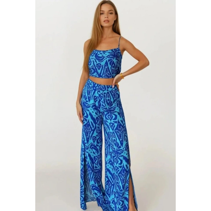 Kadın Dokuma Viskon Yırtmaç Detaylı Takım