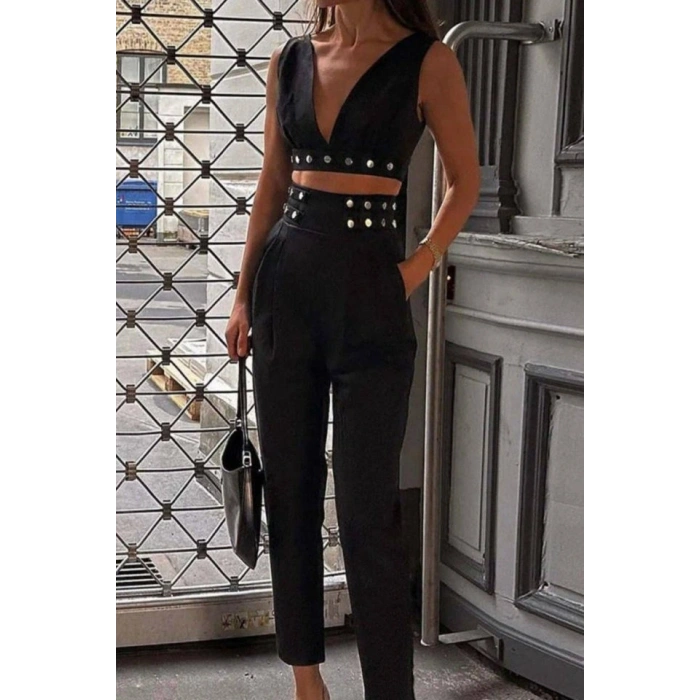 Kadın Double Krep Kumaş Düğme Aksesuar Detaylı Takım