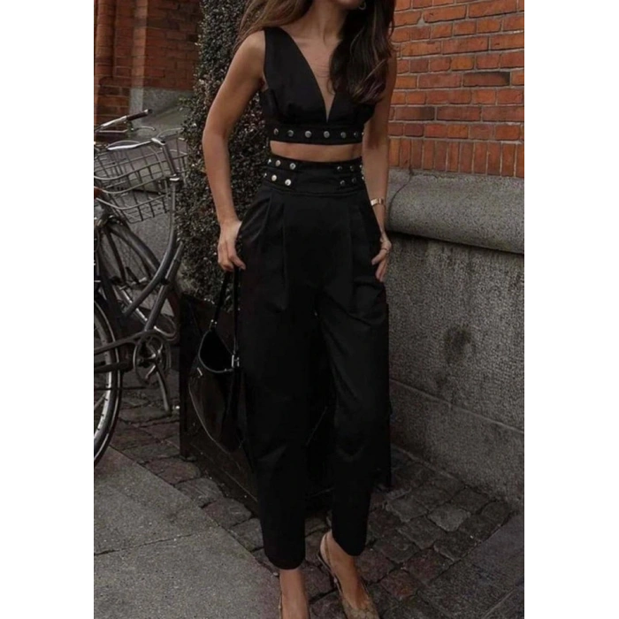 Kadın Double Krep Kumaş Düğme Aksesuar Detaylı Takım