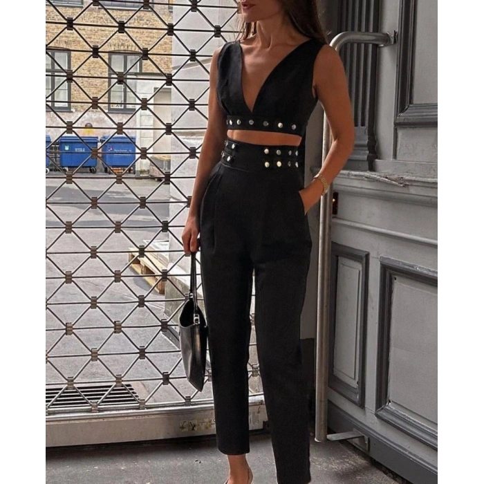 Kadın Double Krep Kumaş Düğme Aksesuar Detaylı Takım