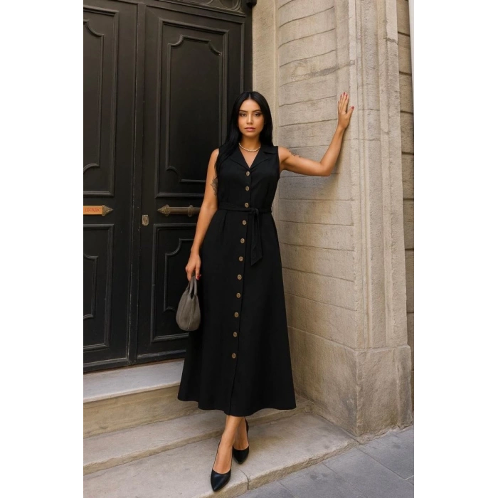 Kadın Düğme Detay Kuşak Dahil Elbise