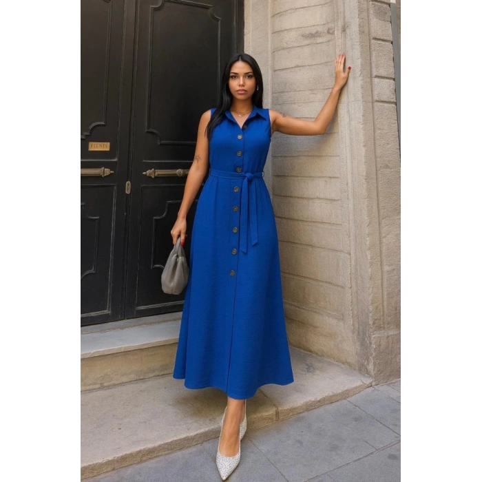 Kadın Düğme Detay Kuşak Dahil Elbise