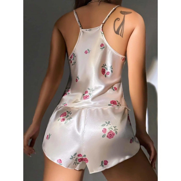 Kadın Ekru Gül Desenli Askılı Dantel Üst Pijama Takımı 2222