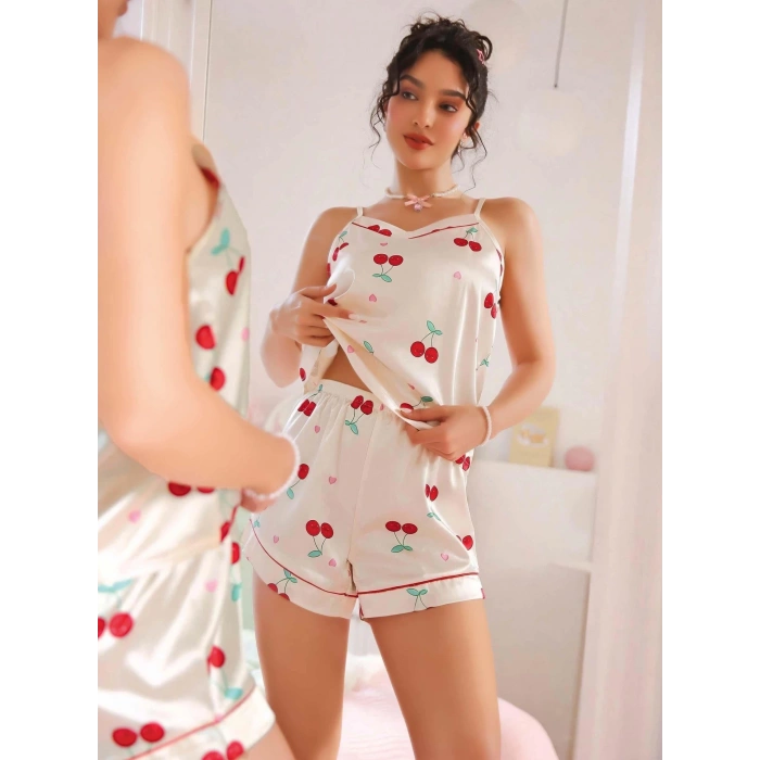 Kadın Ekru Kiraz Desenli Saten Şort Pijama Takımı 2226