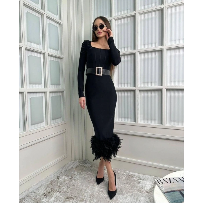 Kadın Etek Ucu Otriş Yakası Inci Detayli Midi Boy Elbise