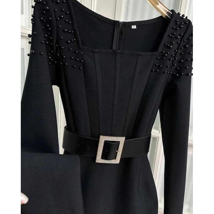 Kadın Etek Ucu Otriş Yakası Inci Detayli Midi Boy Elbise