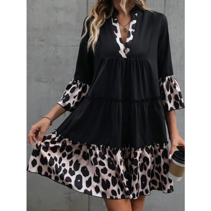 Kadın Fakir Kol V Yakalı Leopar Desen Detaylı Trikoton Elbise