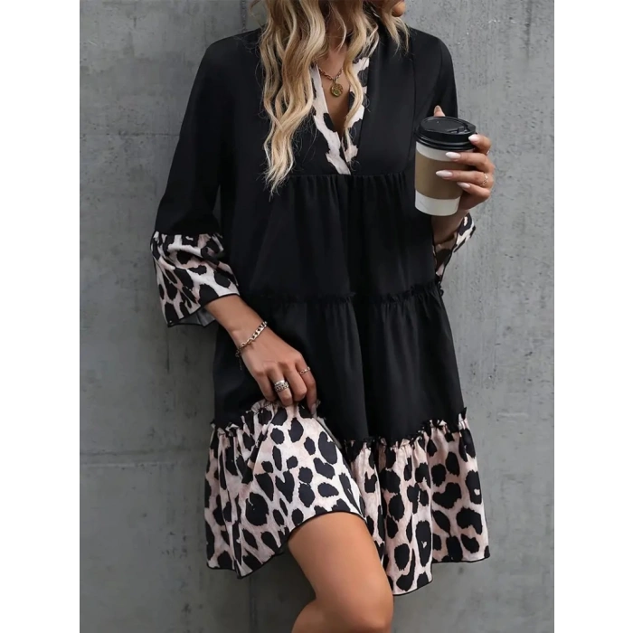 Kadın Fakir Kol V Yakalı Leopar Desen Detaylı Trikoton Elbise