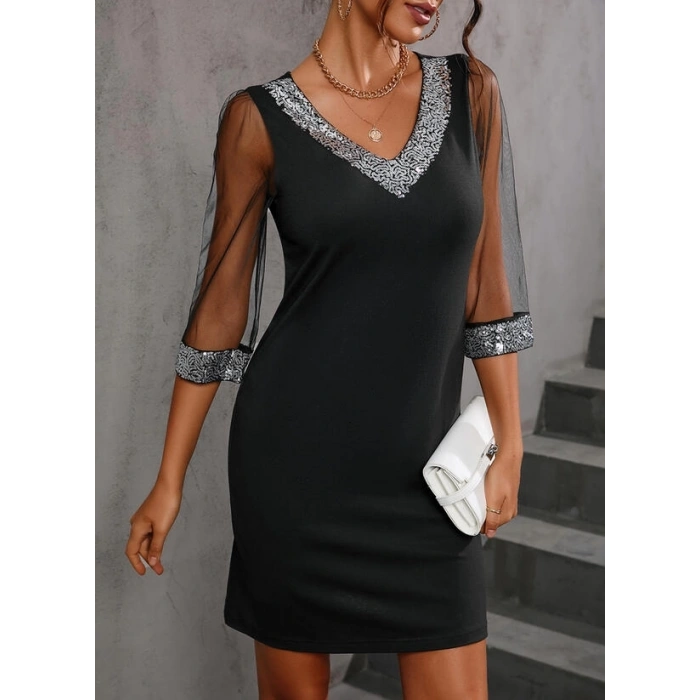 Kadın Fakir Kollu V Yaka Kollar Tüllü Yaka Ve Bilekler Payet Detay Krep Elbise