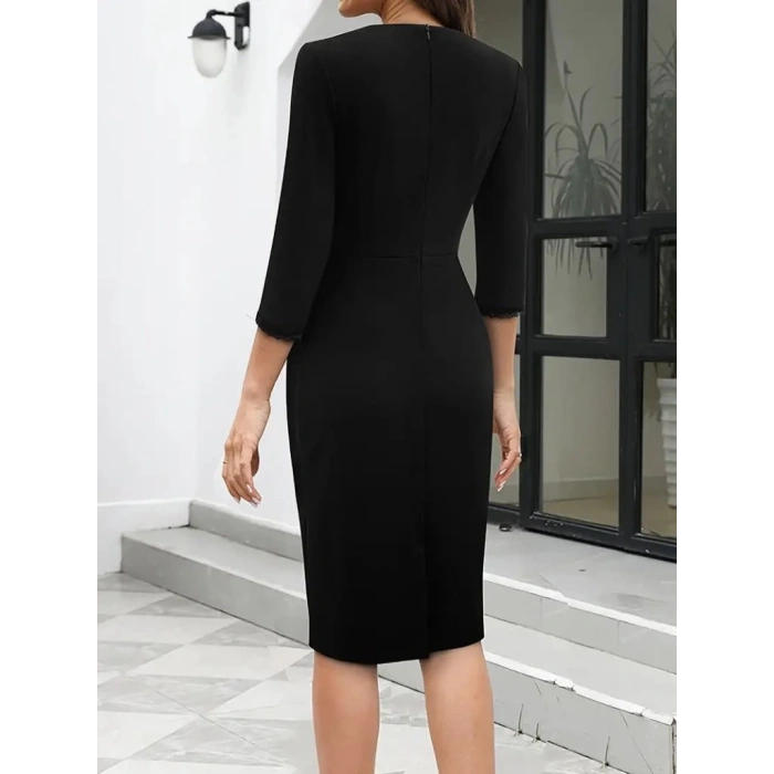 Kadın Fakir Kollu V Yakalı Dantel Detaylı Midi Janjan Krep Elbise