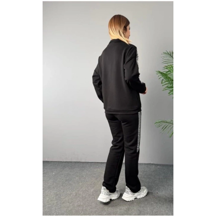 Kadın Fermuar Ve Ekose Detay Sweatshirt Ve Pantolon üç Iplik Kumaş Ikili Takım
