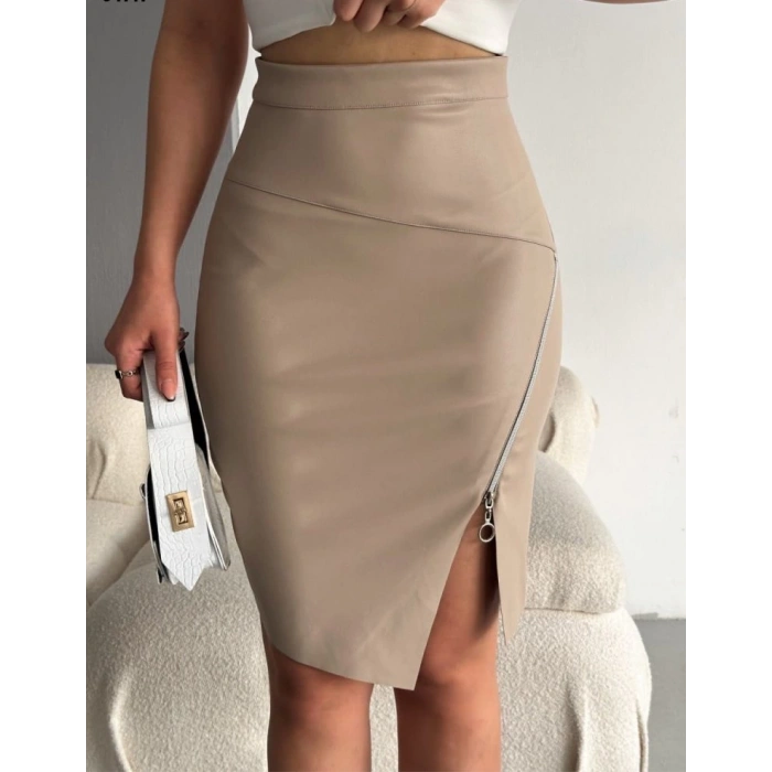 Kadın Fermuarlı Deri Kumaş Mini Etek