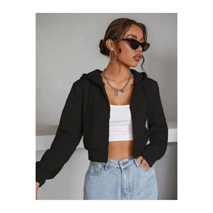 Kadın Fermuarlı Kapüşonlu Rahat Kesim Crop İçi Polarlı Örme Sweatshirt Hırka