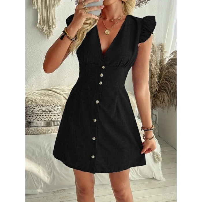 Kadın Fırfır Kollu V Yakalı Düğmeli Keten Elbise