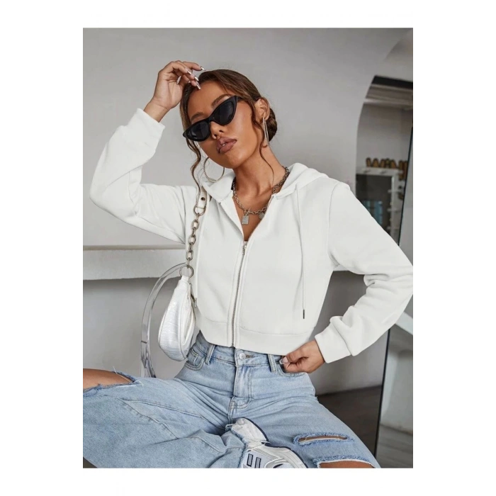 Kadın Fitted Crop Kapşonlu Zip Fermuarlı Polar Hırka Sweatshirt
