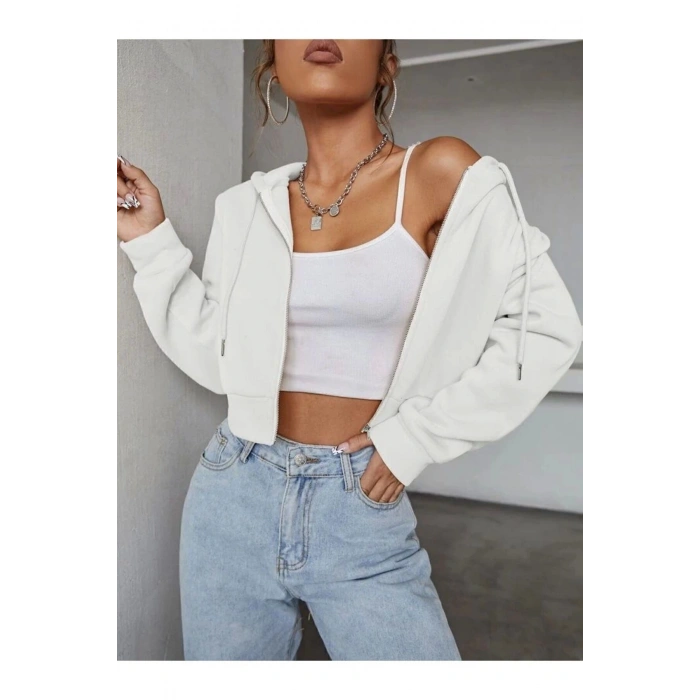 Kadın Fitted Crop Kapşonlu Zip Fermuarlı Polar Hırka Sweatshirt
