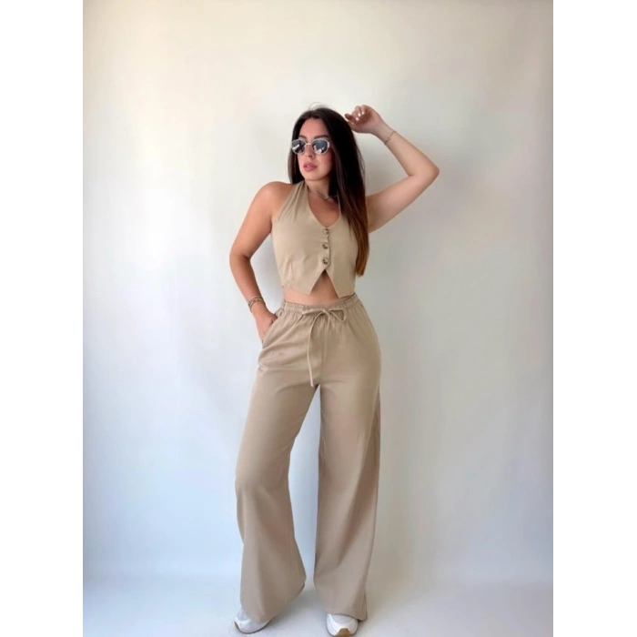 Kadın Gabardin Kumaş Boyundan Bağlamalı Yelek Bluz Salaş Pantolon İkili Takım