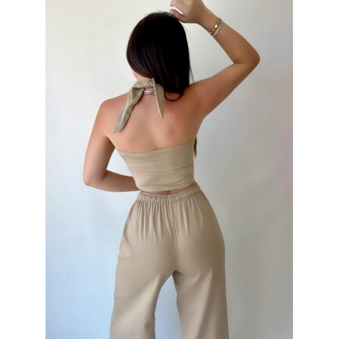 Kadın Gabardin Kumaş Boyundan Bağlamalı Yelek Bluz Salaş Pantolon İkili Takım