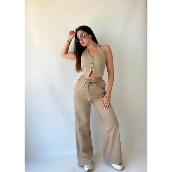Kadın Gabardin Kumaş Boyundan Bağlamalı Yelek Bluz Salaş Pantolon İkili Takım