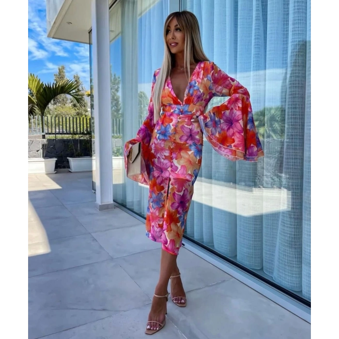 Kadın Göğüs Dekolteli Kolları Volan Detay Astarlı Tül Elbise