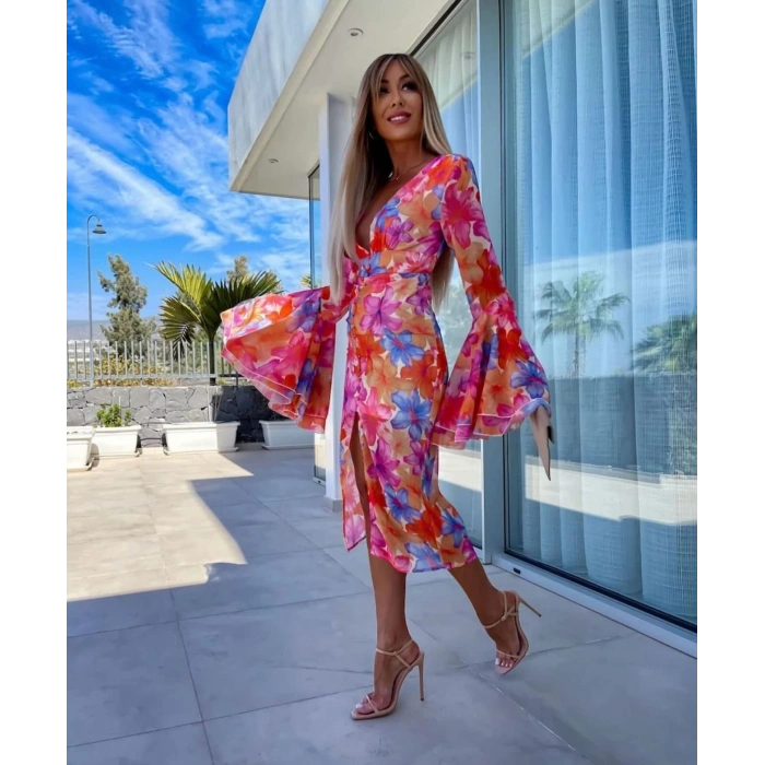 Kadın Göğüs Dekolteli Kolları Volan Detay Astarlı Tül Elbise