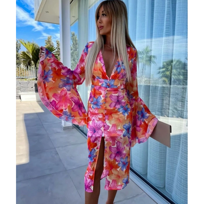 Kadın Göğüs Dekolteli Kolları Volan Detay Astarlı Tül Elbise