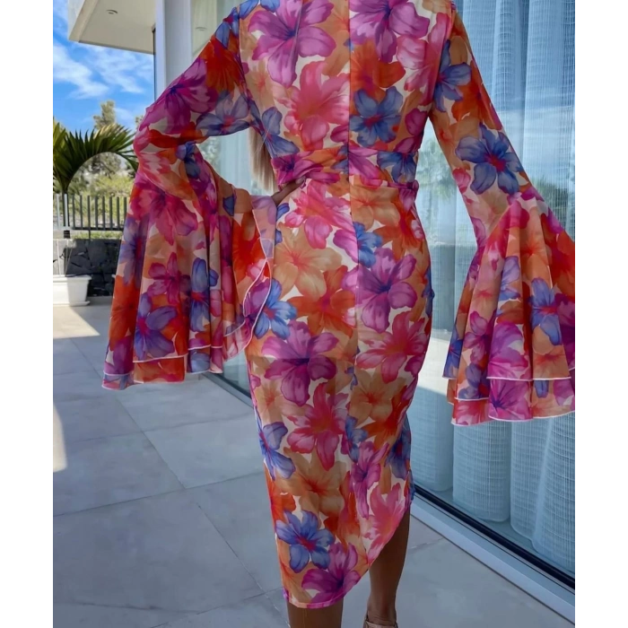 Kadın Göğüs Dekolteli Kolları Volan Detay Astarlı Tül Elbise