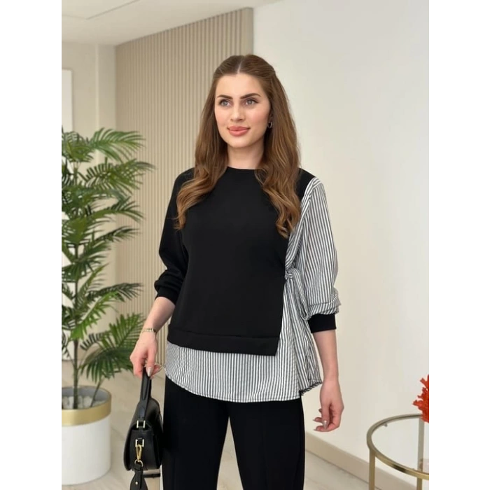 Kadın Gömlek Detay çizgili Yandan Bağlamalı Ikili Takım