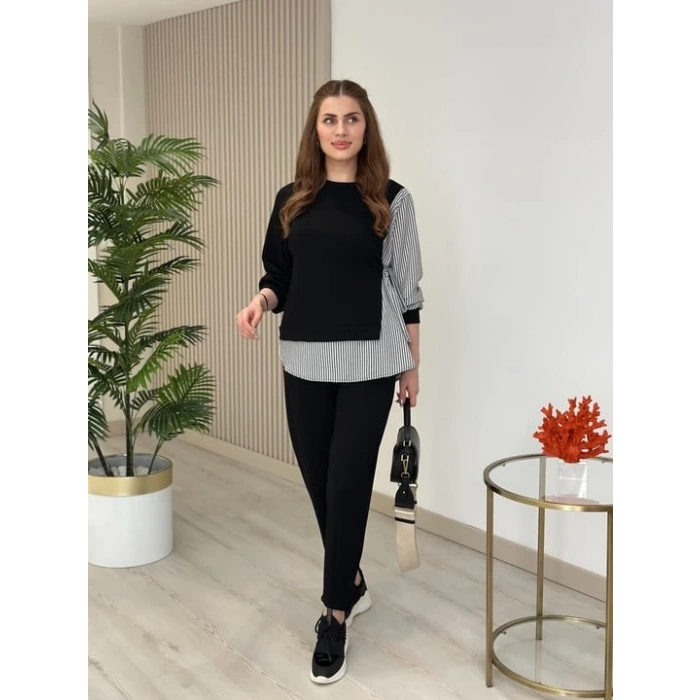 Kadın Gömlek Detay çizgili Yandan Bağlamalı Ikili Takım