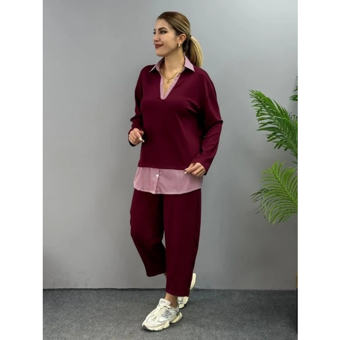 Kadın Gömlek Detay çizgili Yandan Bağlamalı Ikili Takım