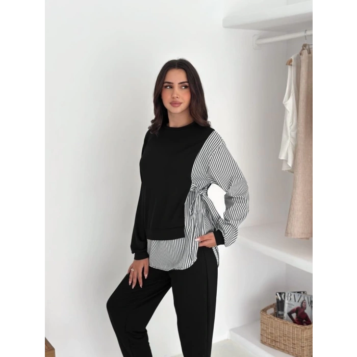 Kadın Gömlek Detay çizgili Yandan Bağlamalı Ikili Takım