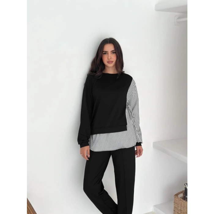 Kadın Gömlek Detay çizgili Yandan Bağlamalı Ikili Takım