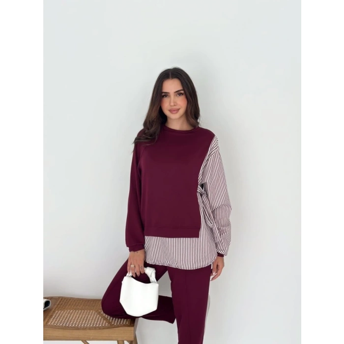 Kadın Gömlek Detay çizgili Yandan Bağlamalı Ikili Takım