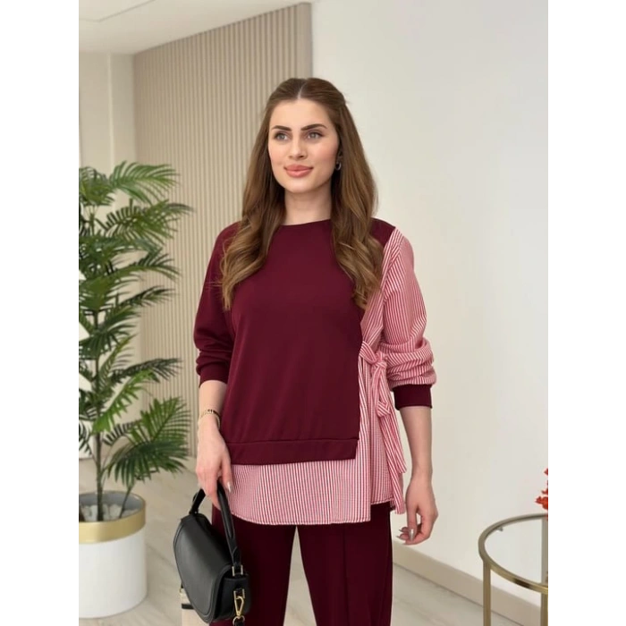 Kadın Gömlek Detay çizgili Yandan Bağlamalı Ikili Takım