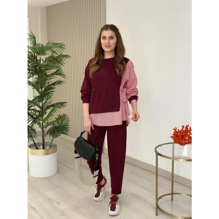 Kadın Gömlek Detay çizgili Yandan Bağlamalı Ikili Takım