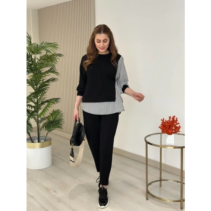 Kadın Gömlek Detay çizgili Yandan Bağlamalı Ikili Takım