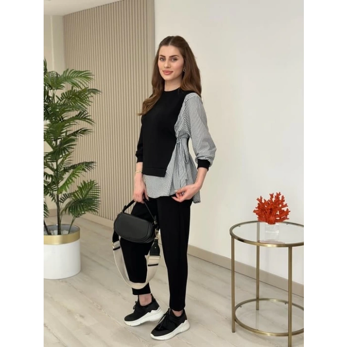 Kadın Gömlek Detay çizgili Yandan Bağlamalı Ikili Takım