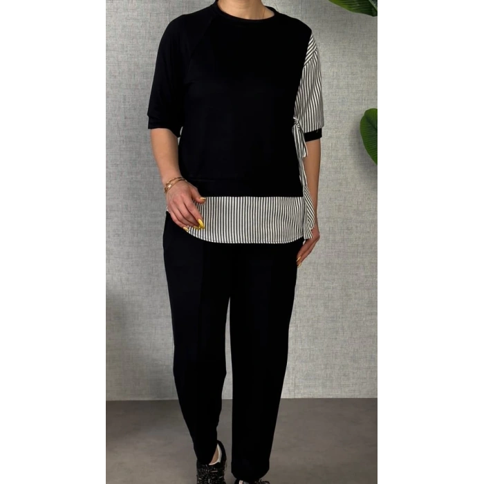 Kadın Gömlek Detay çizgili Yandan Bağlamalı Ikili Takım