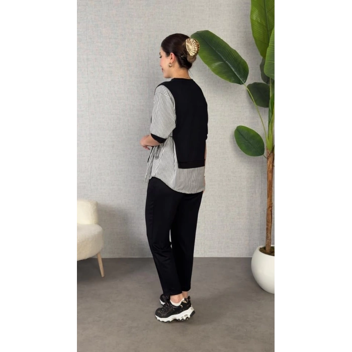 Kadın Gömlek Detay çizgili Yandan Bağlamalı Ikili Takım