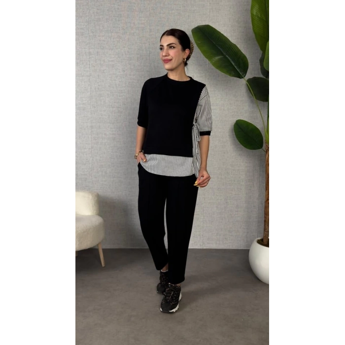 Kadın Gömlek Detay çizgili Yandan Bağlamalı Ikili Takım