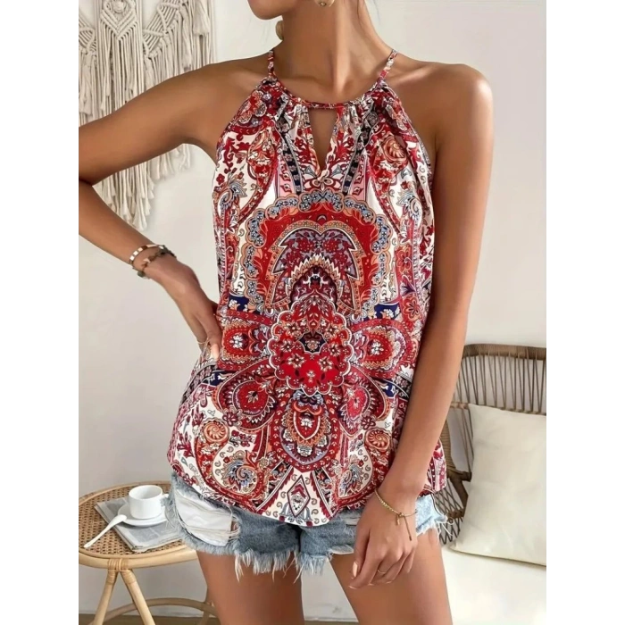 Kadın Halter Kollu Damla Detaylı Desenli Süprem Bluz