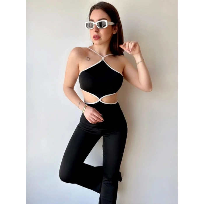 Kadın Halter Yaka Bel Dokolteli Tulum