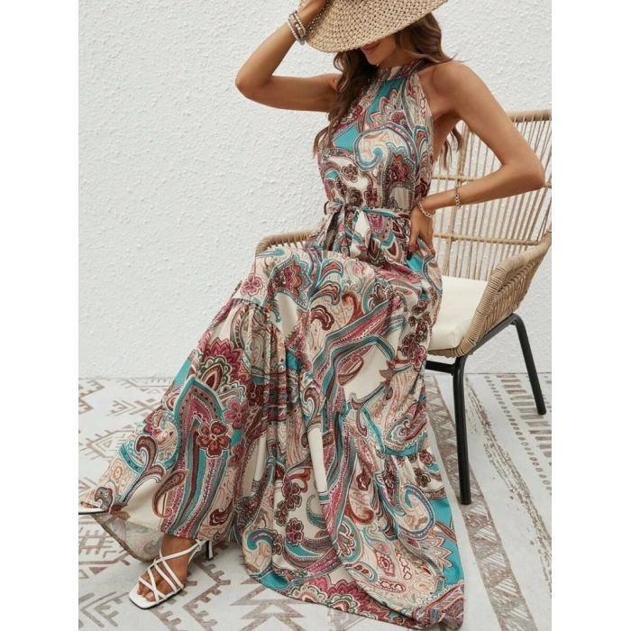 Kadın Halter Yakalı Omuzlardan Açık Kuşaklı Maksi Boy Desenli Süprem Elbise