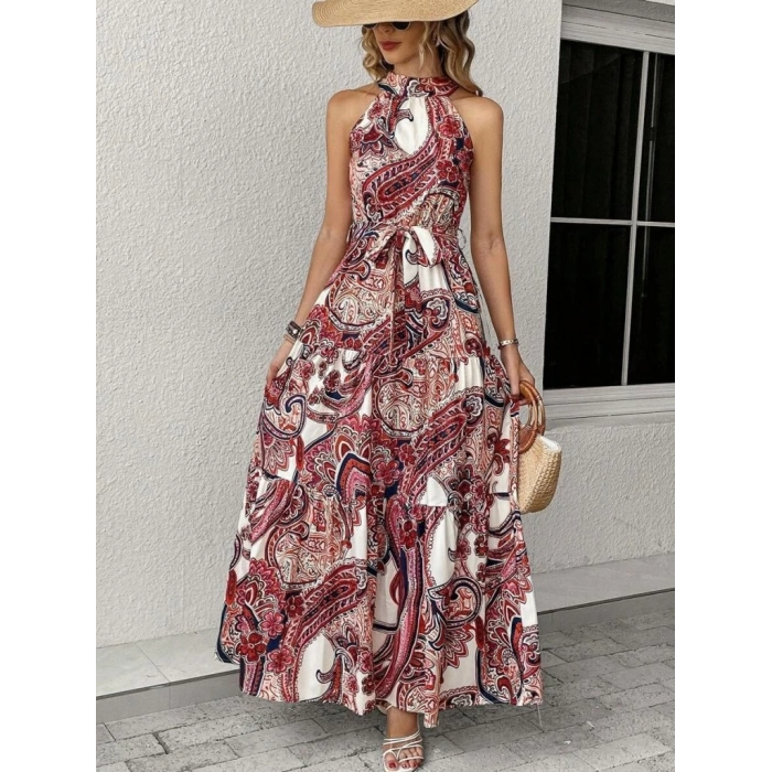 Kadın Halter Yakalı Omuzlardan Açık Kuşaklı Maksi Boy Desenli Süprem Elbise