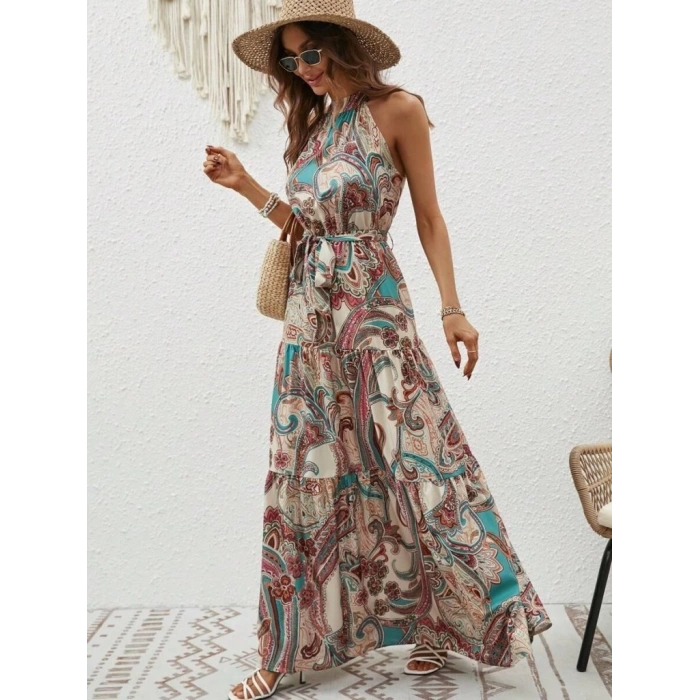 Kadın Halter Yakalı Omuzlardan Açık Kuşaklı Maksi Boy Desenli Süprem Elbise