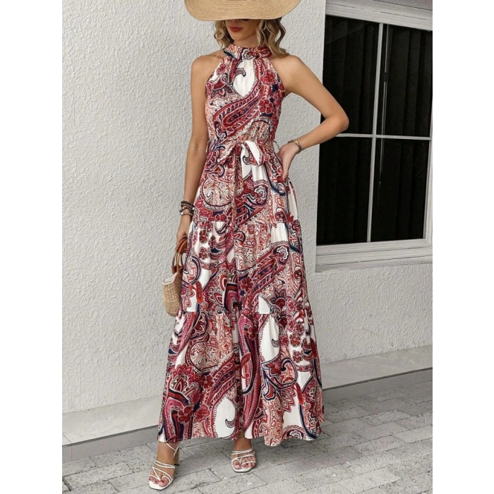 Kadın Halter Yakalı Omuzlardan Açık Kuşaklı Maksi Boy Desenli Süprem Elbise