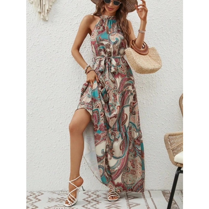 Kadın Halter Yakalı Omuzlardan Açık Kuşaklı Maksi Boy Desenli Süprem Elbise