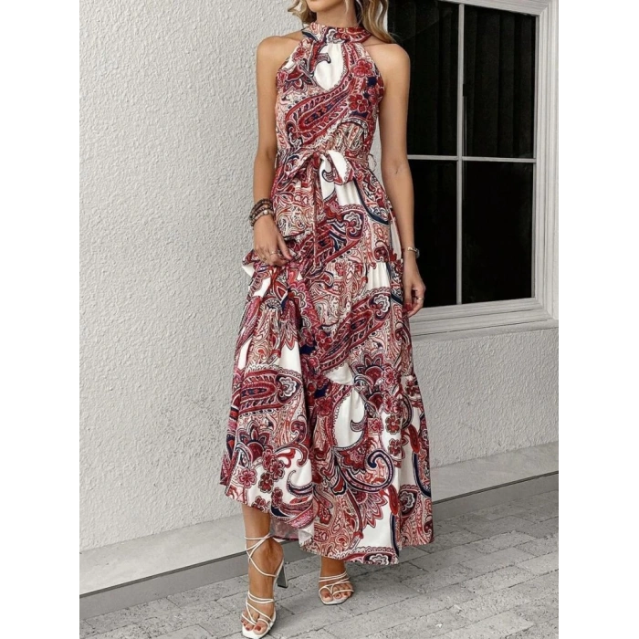 Kadın Halter Yakalı Omuzlardan Açık Kuşaklı Maksi Boy Desenli Süprem Elbise