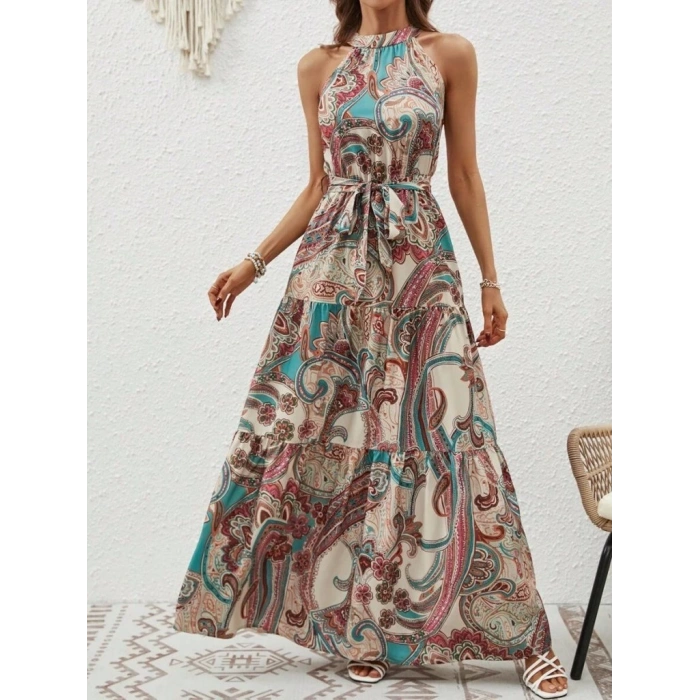 Kadın Halter Yakalı Omuzlardan Açık Kuşaklı Maksi Boy Desenli Süprem Elbise